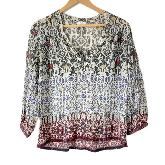 Joie Frazier Silk Blouse Semi Sheer Blue Red Southwest Print Women's Size XS - Picture 3 of 9